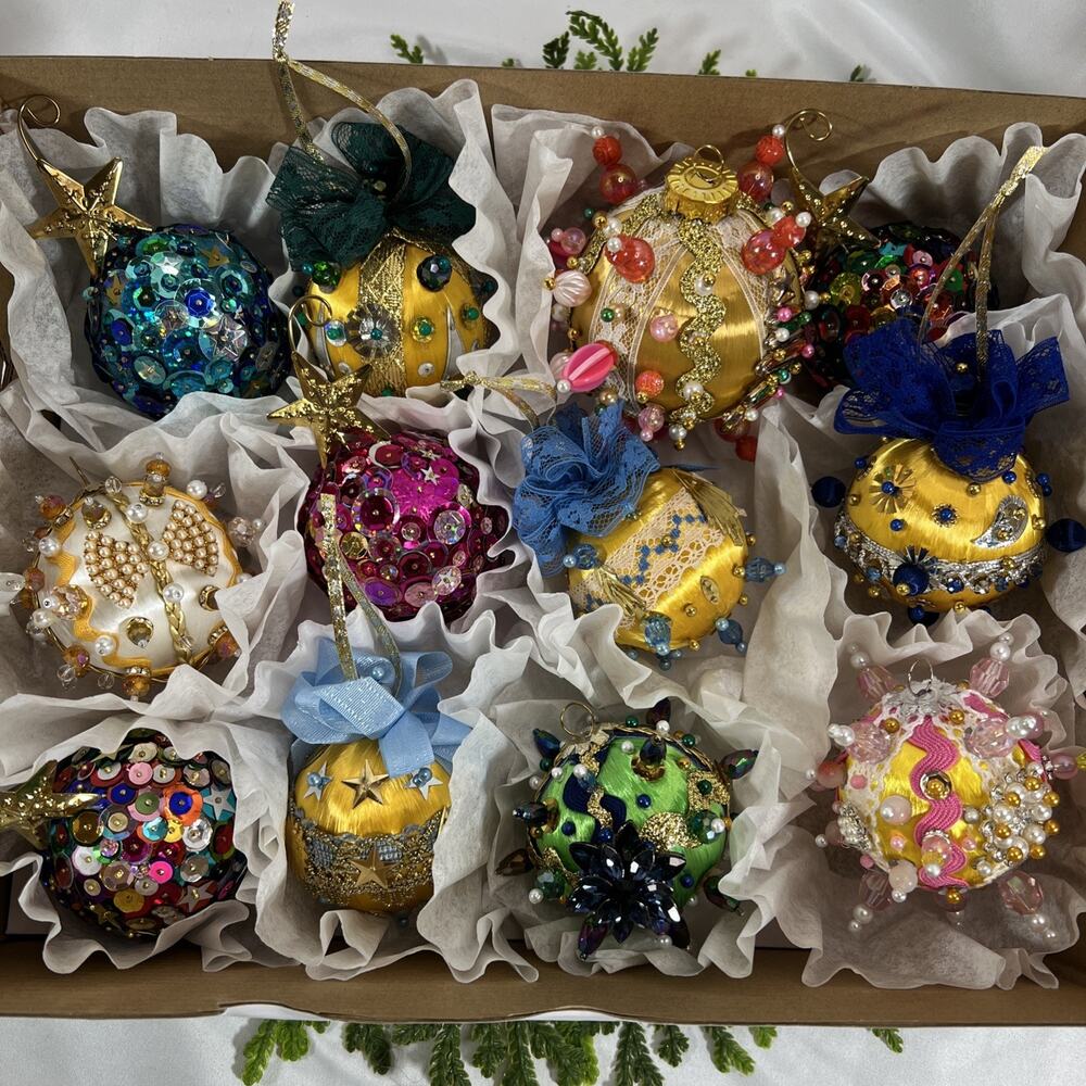 Set/12 Push Pin Beaded Sequin Satin Ball Christmas Ornaments Vintage Mid Century